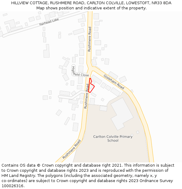 HILLVIEW COTTAGE, RUSHMERE ROAD, CARLTON COLVILLE, LOWESTOFT, NR33 8DA: Location map and indicative extent of plot
