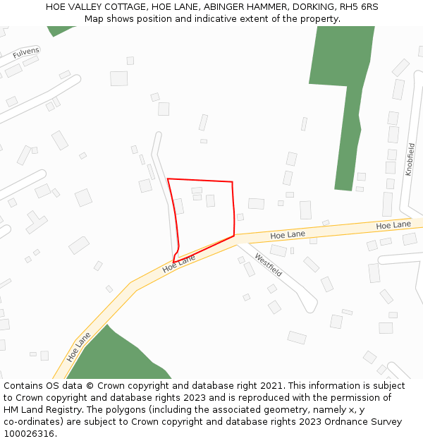 HOE VALLEY COTTAGE, HOE LANE, ABINGER HAMMER, DORKING, RH5 6RS: Location map and indicative extent of plot