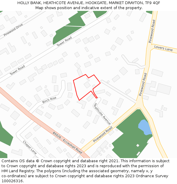 HOLLY BANK, HEATHCOTE AVENUE, HOOKGATE, MARKET DRAYTON, TF9 4QF: Location map and indicative extent of plot
