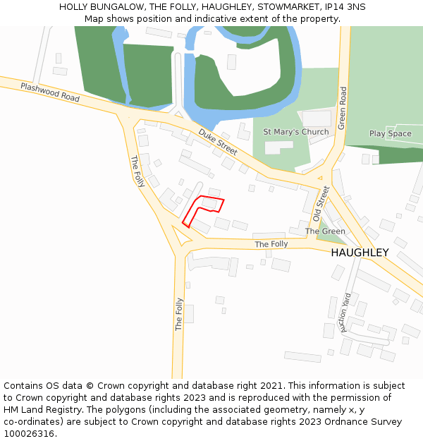 HOLLY BUNGALOW, THE FOLLY, HAUGHLEY, STOWMARKET, IP14 3NS: Location map and indicative extent of plot