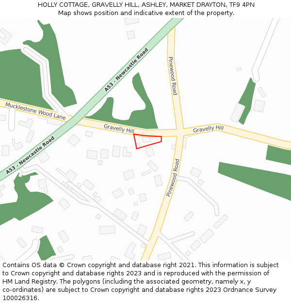 HOLLY COTTAGE, GRAVELLY HILL, ASHLEY, MARKET DRAYTON, TF9 4PN: Location map and indicative extent of plot