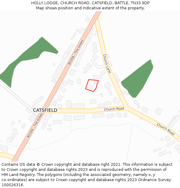 HOLLY LODGE, CHURCH ROAD, CATSFIELD, BATTLE, TN33 9DP: Location map and indicative extent of plot