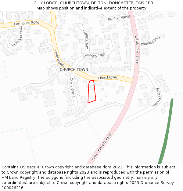 HOLLY LODGE, CHURCHTOWN, BELTON, DONCASTER, DN9 1PB: Location map and indicative extent of plot