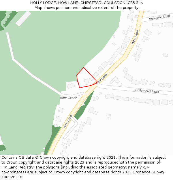 HOLLY LODGE, HOW LANE, CHIPSTEAD, COULSDON, CR5 3LN: Location map and indicative extent of plot