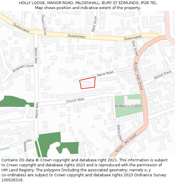 HOLLY LODGE, MANOR ROAD, MILDENHALL, BURY ST EDMUNDS, IP28 7EL: Location map and indicative extent of plot
