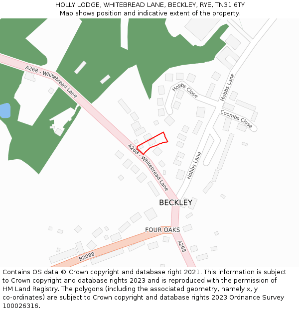 HOLLY LODGE, WHITEBREAD LANE, BECKLEY, RYE, TN31 6TY: Location map and indicative extent of plot