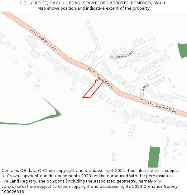HOLLYHEDGE, OAK HILL ROAD, STAPLEFORD ABBOTTS, ROMFORD, RM4 1JJ: Location map and indicative extent of plot