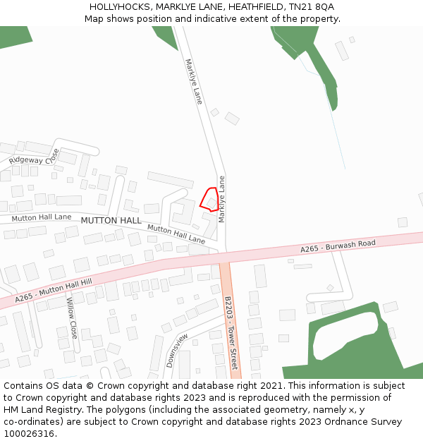 HOLLYHOCKS, MARKLYE LANE, HEATHFIELD, TN21 8QA: Location map and indicative extent of plot