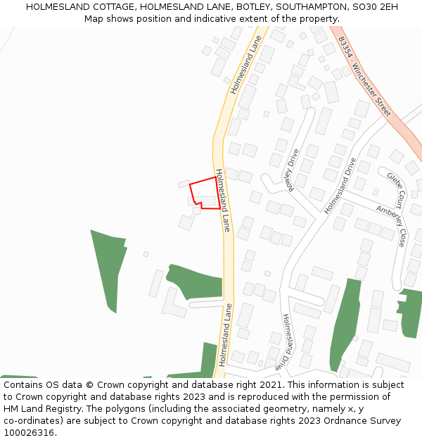 HOLMESLAND COTTAGE, HOLMESLAND LANE, BOTLEY, SOUTHAMPTON, SO30 2EH: Location map and indicative extent of plot