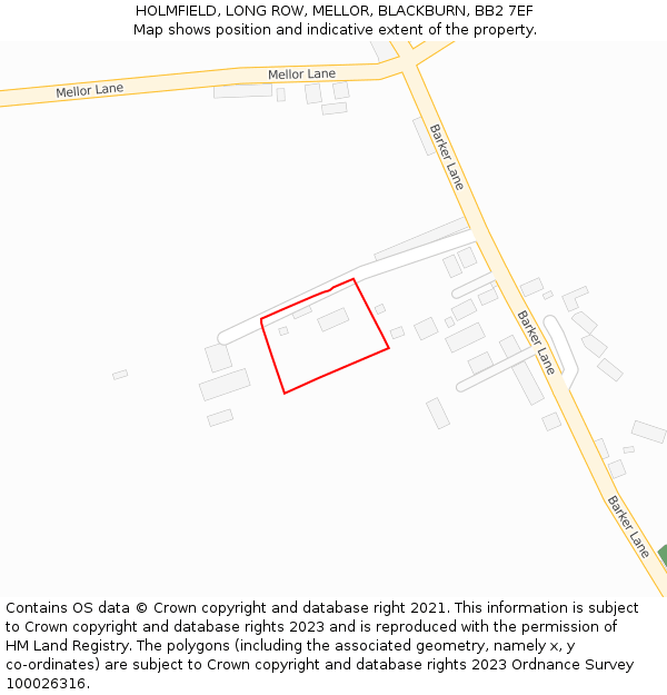 HOLMFIELD, LONG ROW, MELLOR, BLACKBURN, BB2 7EF: Location map and indicative extent of plot