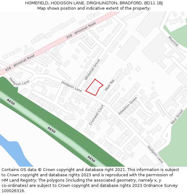 HOMEFIELD, HODGSON LANE, DRIGHLINGTON, BRADFORD, BD11 1BJ: Location map and indicative extent of plot