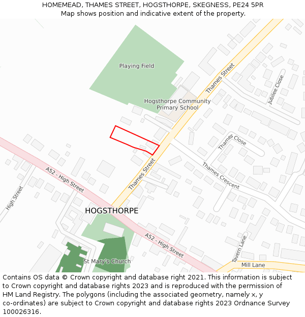 HOMEMEAD, THAMES STREET, HOGSTHORPE, SKEGNESS, PE24 5PR: Location map and indicative extent of plot