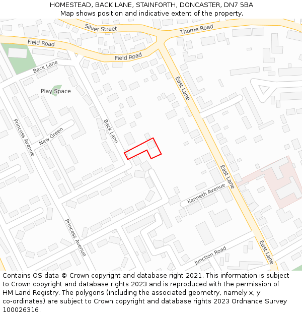 HOMESTEAD, BACK LANE, STAINFORTH, DONCASTER, DN7 5BA: Location map and indicative extent of plot