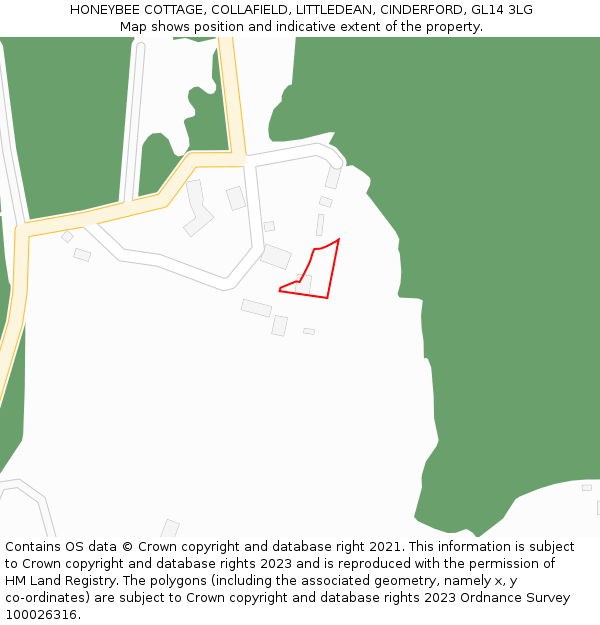 HONEYBEE COTTAGE, COLLAFIELD, LITTLEDEAN, CINDERFORD, GL14 3LG: Location map and indicative extent of plot