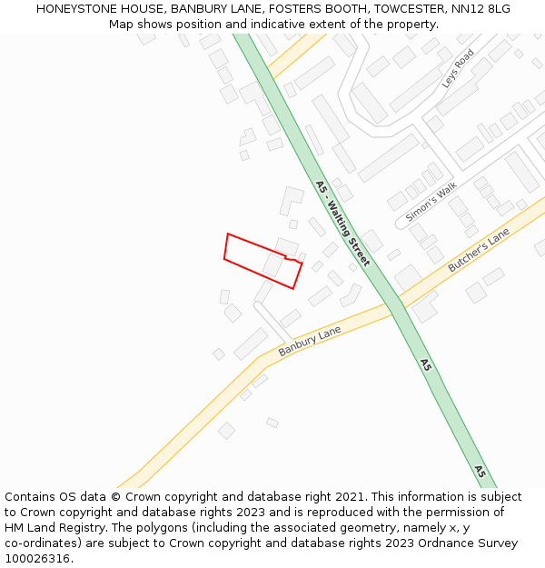 HONEYSTONE HOUSE, BANBURY LANE, FOSTERS BOOTH, TOWCESTER, NN12 8LG: Location map and indicative extent of plot