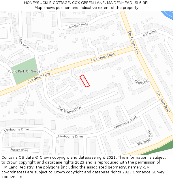 HONEYSUCKLE COTTAGE, COX GREEN LANE, MAIDENHEAD, SL6 3EL: Location map and indicative extent of plot