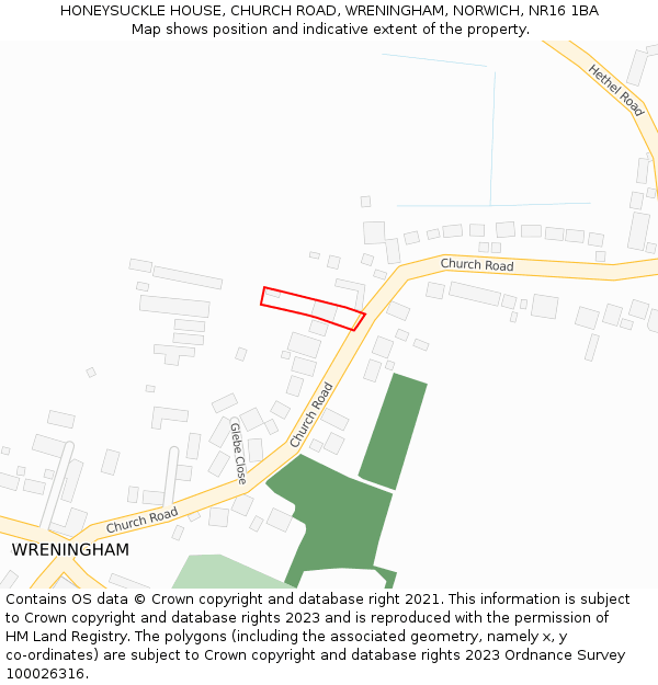 HONEYSUCKLE HOUSE, CHURCH ROAD, WRENINGHAM, NORWICH, NR16 1BA: Location map and indicative extent of plot