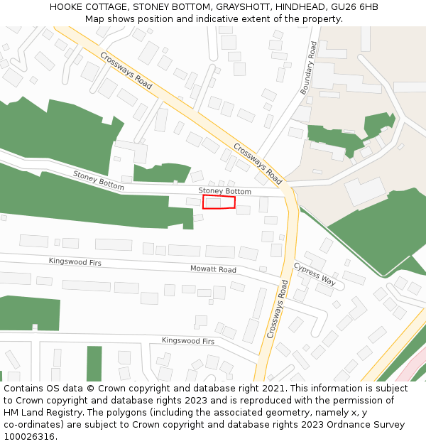 HOOKE COTTAGE, STONEY BOTTOM, GRAYSHOTT, HINDHEAD, GU26 6HB: Location map and indicative extent of plot