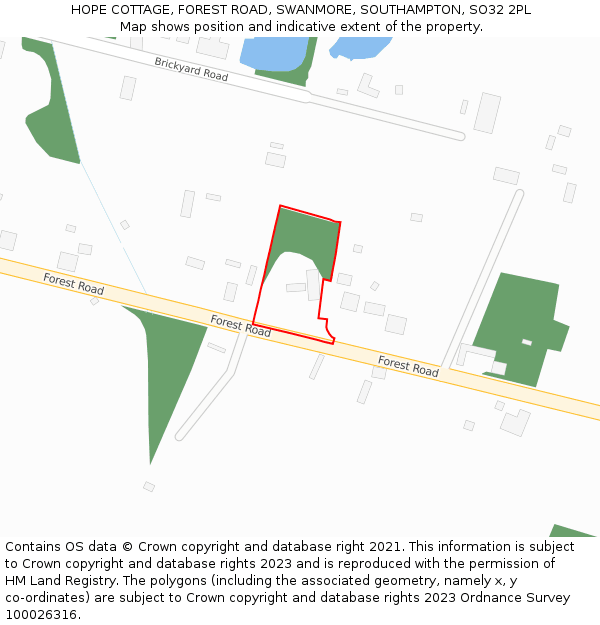 HOPE COTTAGE, FOREST ROAD, SWANMORE, SOUTHAMPTON, SO32 2PL: Location map and indicative extent of plot