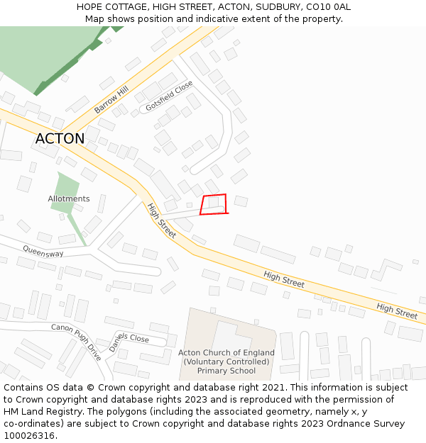 HOPE COTTAGE, HIGH STREET, ACTON, SUDBURY, CO10 0AL: Location map and indicative extent of plot