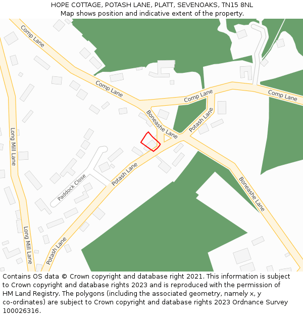 HOPE COTTAGE, POTASH LANE, PLATT, SEVENOAKS, TN15 8NL: Location map and indicative extent of plot