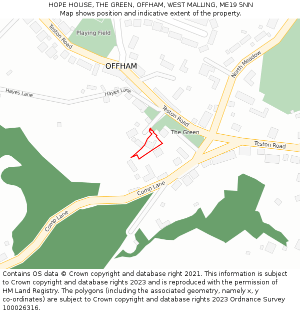 HOPE HOUSE, THE GREEN, OFFHAM, WEST MALLING, ME19 5NN: Location map and indicative extent of plot