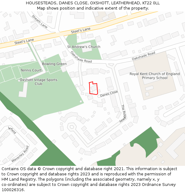 HOUSESTEADS, DANES CLOSE, OXSHOTT, LEATHERHEAD, KT22 0LL: Location map and indicative extent of plot