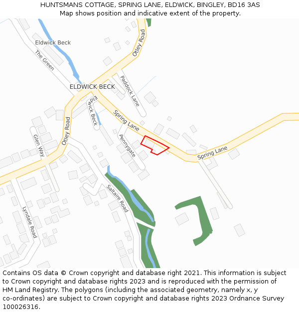 HUNTSMANS COTTAGE, SPRING LANE, ELDWICK, BINGLEY, BD16 3AS: Location map and indicative extent of plot