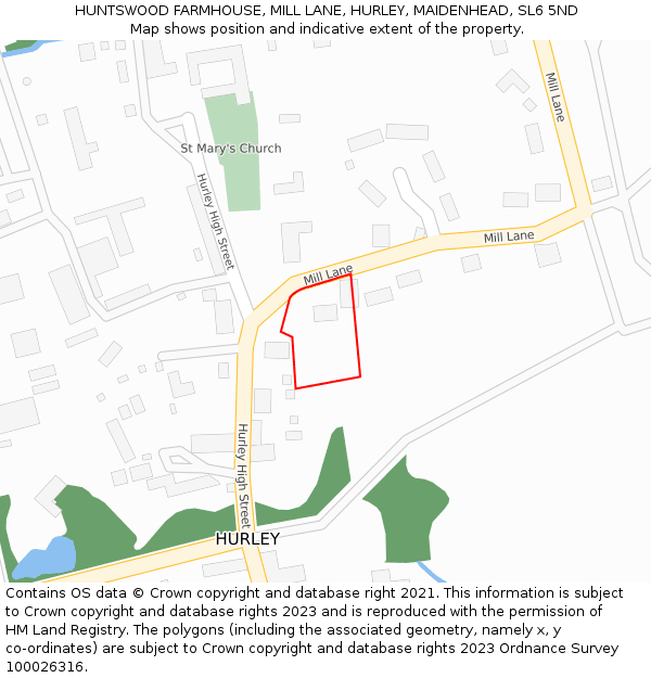 HUNTSWOOD FARMHOUSE, MILL LANE, HURLEY, MAIDENHEAD, SL6 5ND: Location map and indicative extent of plot