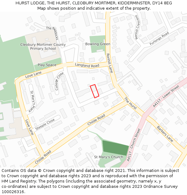 HURST LODGE, THE HURST, CLEOBURY MORTIMER, KIDDERMINSTER, DY14 8EG: Location map and indicative extent of plot