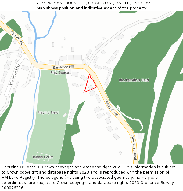 HYE VIEW, SANDROCK HILL, CROWHURST, BATTLE, TN33 9AY: Location map and indicative extent of plot
