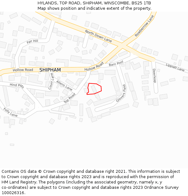 HYLANDS, TOP ROAD, SHIPHAM, WINSCOMBE, BS25 1TB: Location map and indicative extent of plot