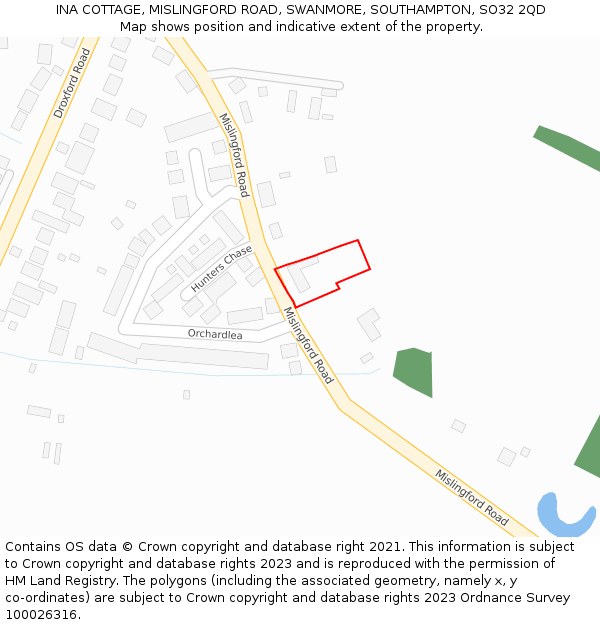 INA COTTAGE, MISLINGFORD ROAD, SWANMORE, SOUTHAMPTON, SO32 2QD: Location map and indicative extent of plot