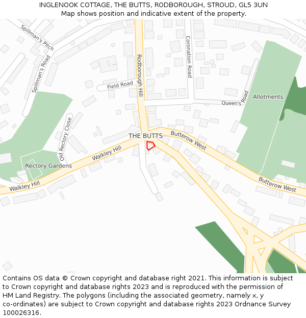 INGLENOOK COTTAGE, THE BUTTS, RODBOROUGH, STROUD, GL5 3UN: Location map and indicative extent of plot