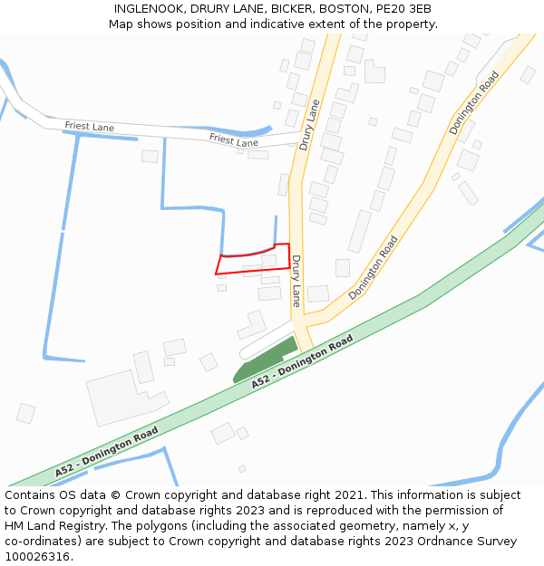 INGLENOOK, DRURY LANE, BICKER, BOSTON, PE20 3EB: Location map and indicative extent of plot