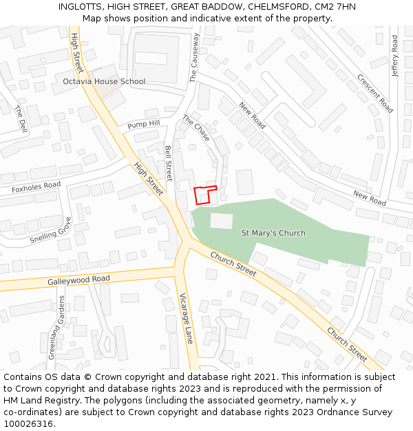 INGLOTTS, HIGH STREET, GREAT BADDOW, CHELMSFORD, CM2 7HN: Location map and indicative extent of plot
