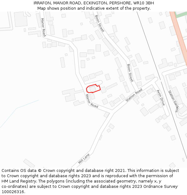 IRRAFON, MANOR ROAD, ECKINGTON, PERSHORE, WR10 3BH: Location map and indicative extent of plot