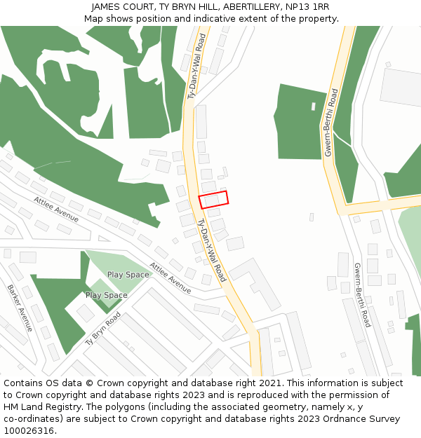 JAMES COURT, TY BRYN HILL, ABERTILLERY, NP13 1RR: Location map and indicative extent of plot