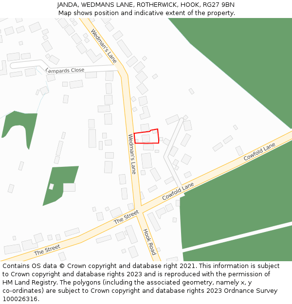 JANDA, WEDMANS LANE, ROTHERWICK, HOOK, RG27 9BN: Location map and indicative extent of plot