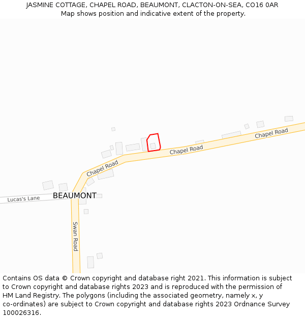 JASMINE COTTAGE, CHAPEL ROAD, BEAUMONT, CLACTON-ON-SEA, CO16 0AR: Location map and indicative extent of plot
