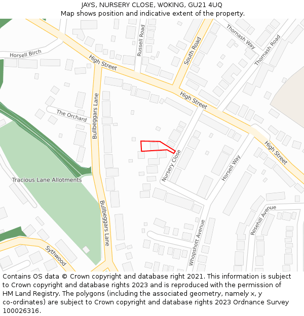 JAYS, NURSERY CLOSE, WOKING, GU21 4UQ: Location map and indicative extent of plot