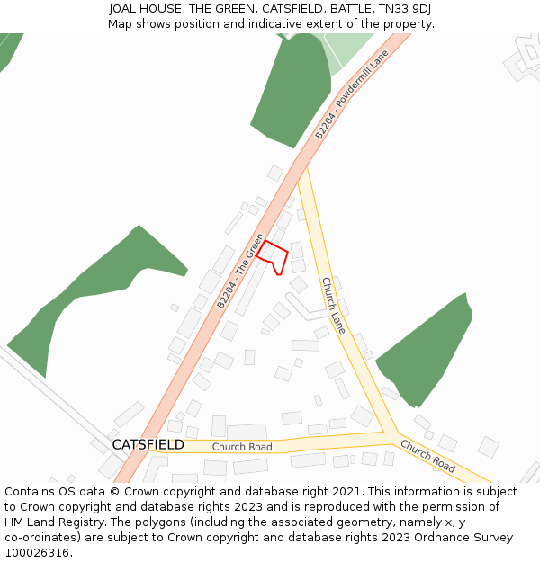 JOAL HOUSE, THE GREEN, CATSFIELD, BATTLE, TN33 9DJ: Location map and indicative extent of plot