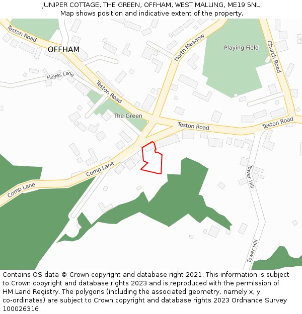 JUNIPER COTTAGE, THE GREEN, OFFHAM, WEST MALLING, ME19 5NL: Location map and indicative extent of plot