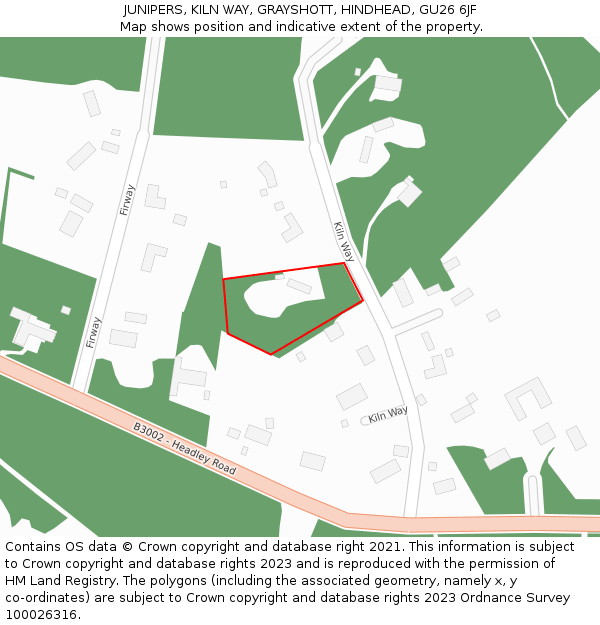 JUNIPERS, KILN WAY, GRAYSHOTT, HINDHEAD, GU26 6JF: Location map and indicative extent of plot