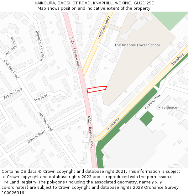 KAIKOURA, BAGSHOT ROAD, KNAPHILL, WOKING, GU21 2SE: Location map and indicative extent of plot