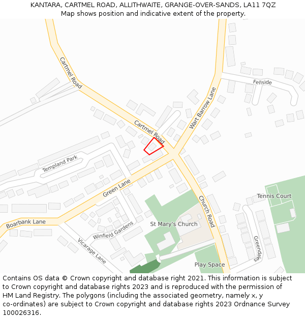 KANTARA, CARTMEL ROAD, ALLITHWAITE, GRANGE-OVER-SANDS, LA11 7QZ: Location map and indicative extent of plot