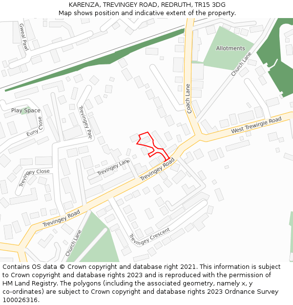 KARENZA, TREVINGEY ROAD, REDRUTH, TR15 3DG: Location map and indicative extent of plot