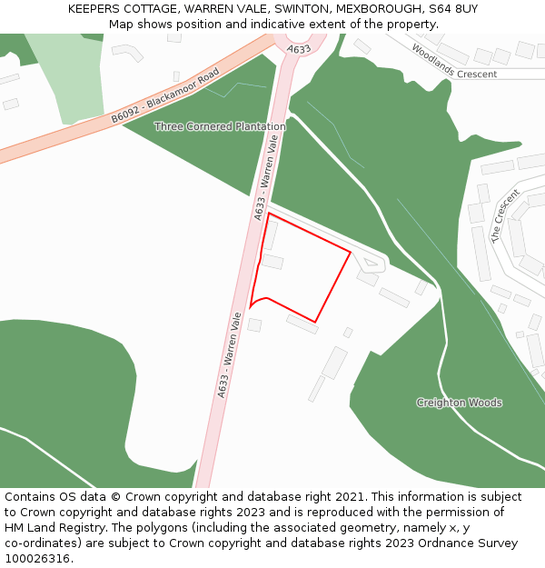 KEEPERS COTTAGE, WARREN VALE, SWINTON, MEXBOROUGH, S64 8UY: Location map and indicative extent of plot