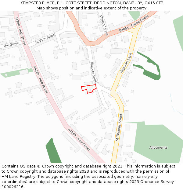 KEMPSTER PLACE, PHILCOTE STREET, DEDDINGTON, BANBURY, OX15 0TB: Location map and indicative extent of plot