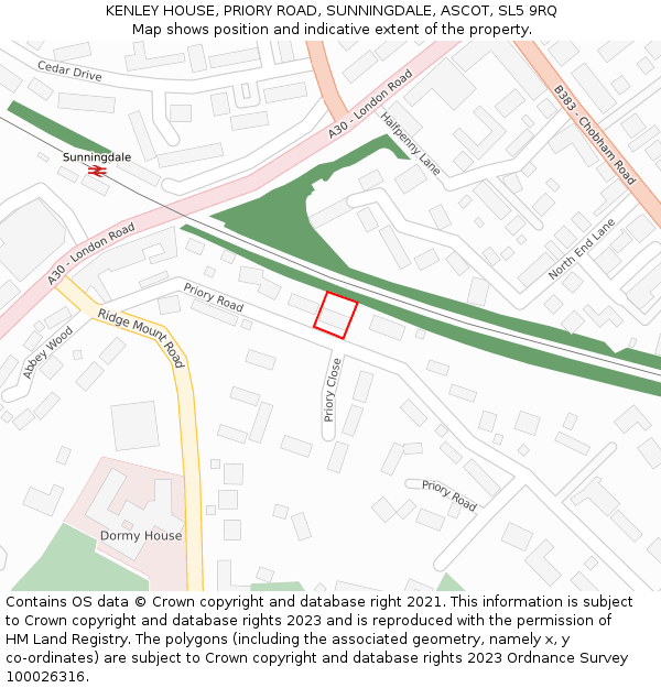 KENLEY HOUSE, PRIORY ROAD, SUNNINGDALE, ASCOT, SL5 9RQ: Location map and indicative extent of plot